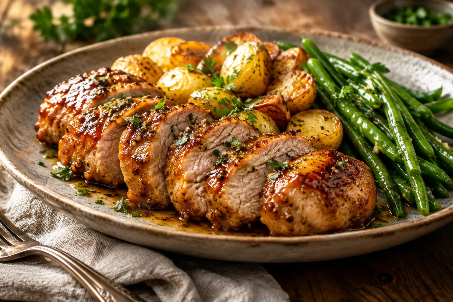 Honey-Dijon Pork Tenderloin with Potatoes and Green Beans