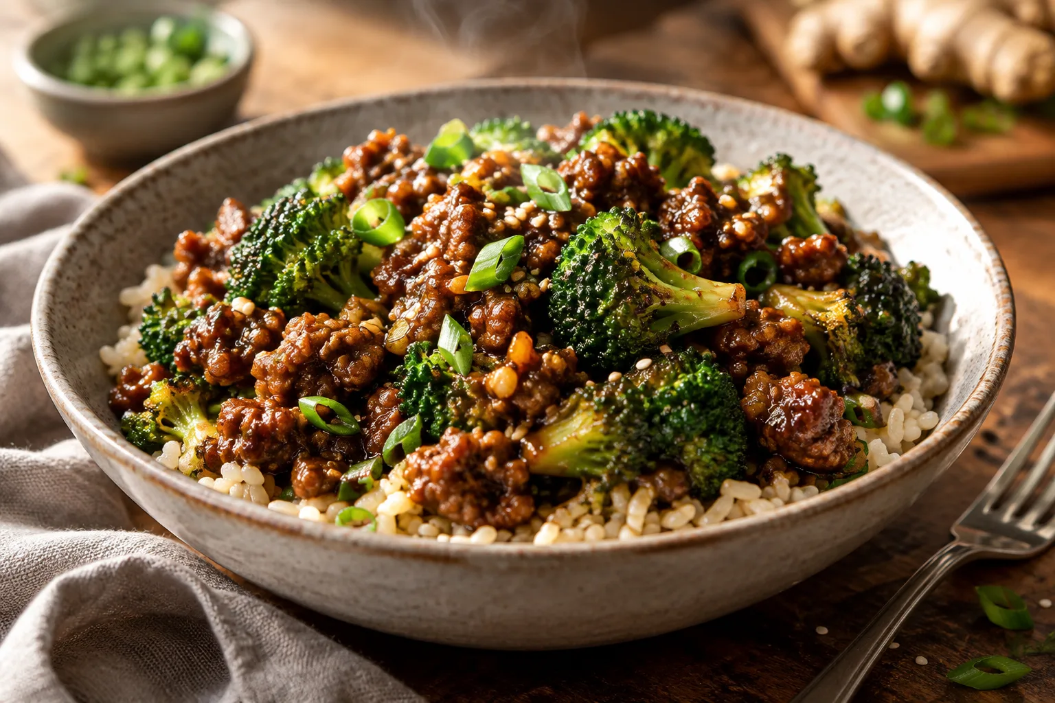 Ginger Beef and Broccoli Rice Bowls
