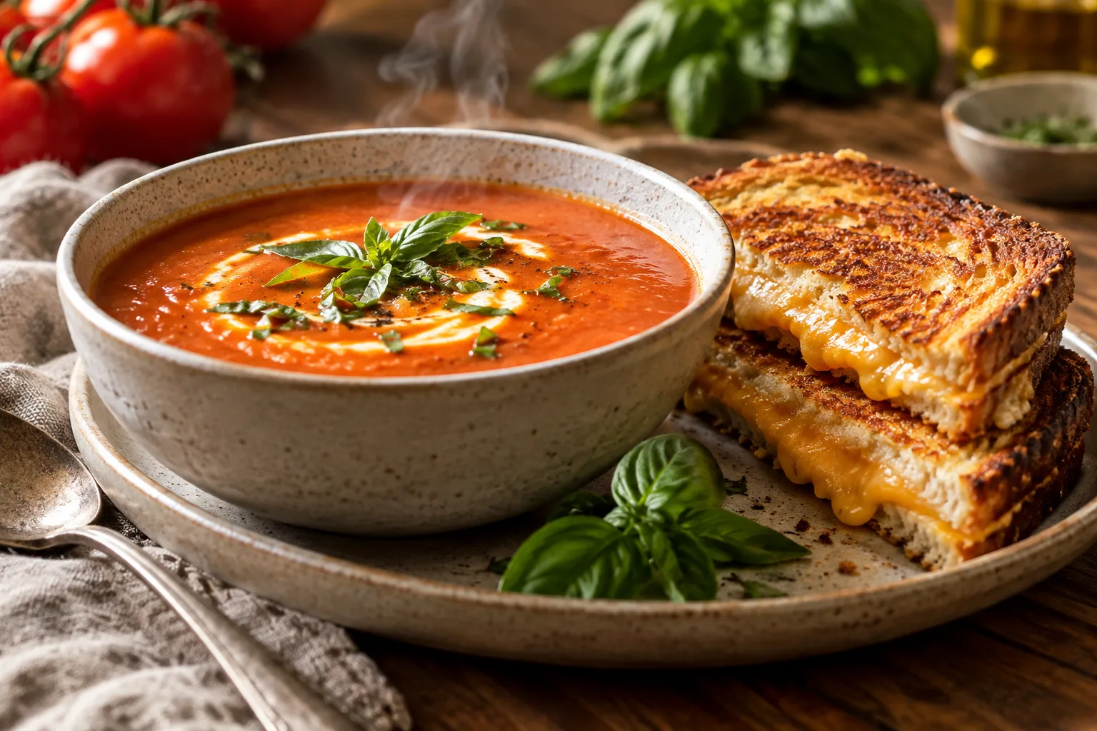 Tomato Basil Soup with Grilled Cheese